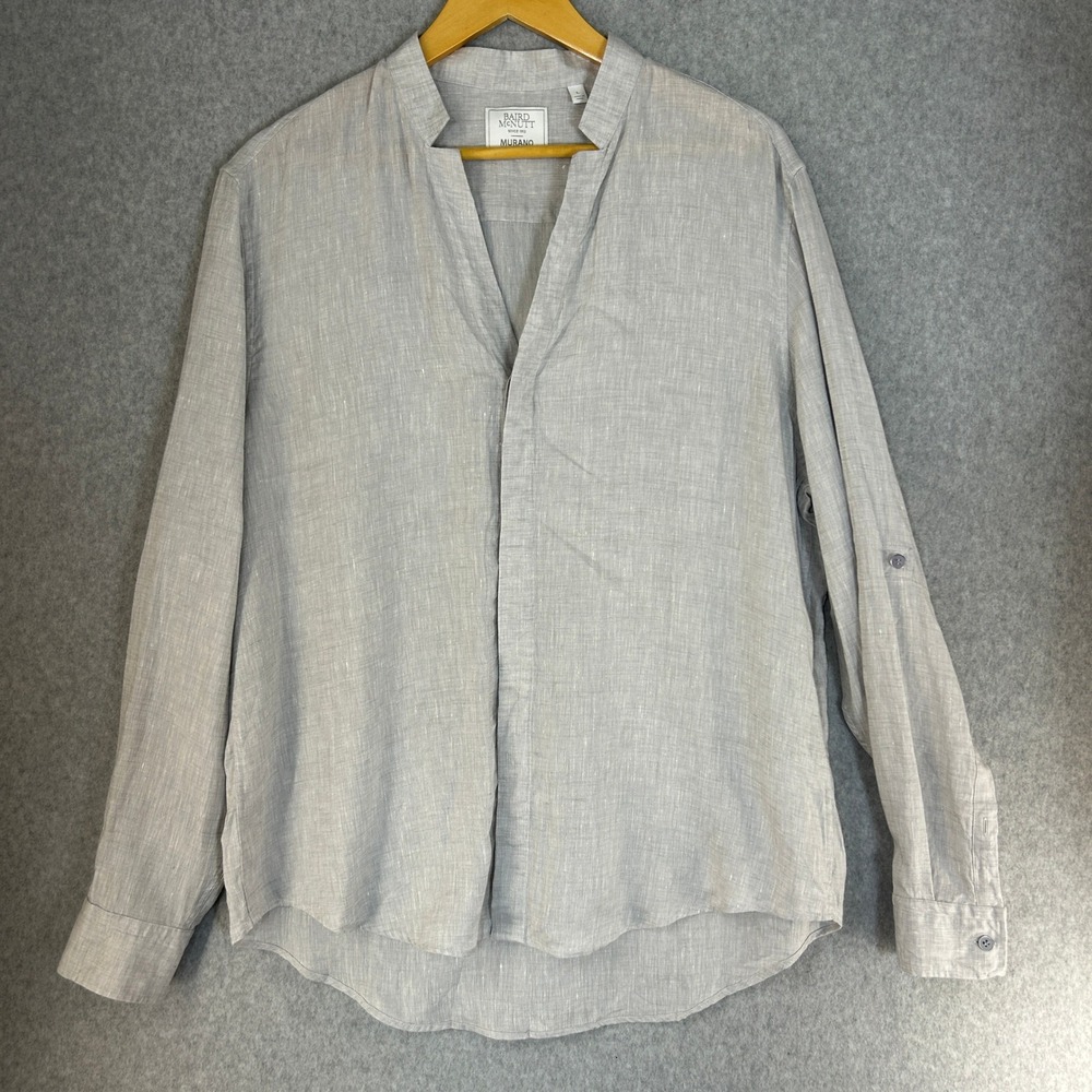 Baird McNutt Murano Linen Blouse Shirt Gray‎ Roll Tab Long Sleeve Top Size Large